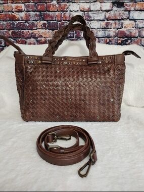 Platania Brown Woven Braided Leather Handbag Satchel Tote
